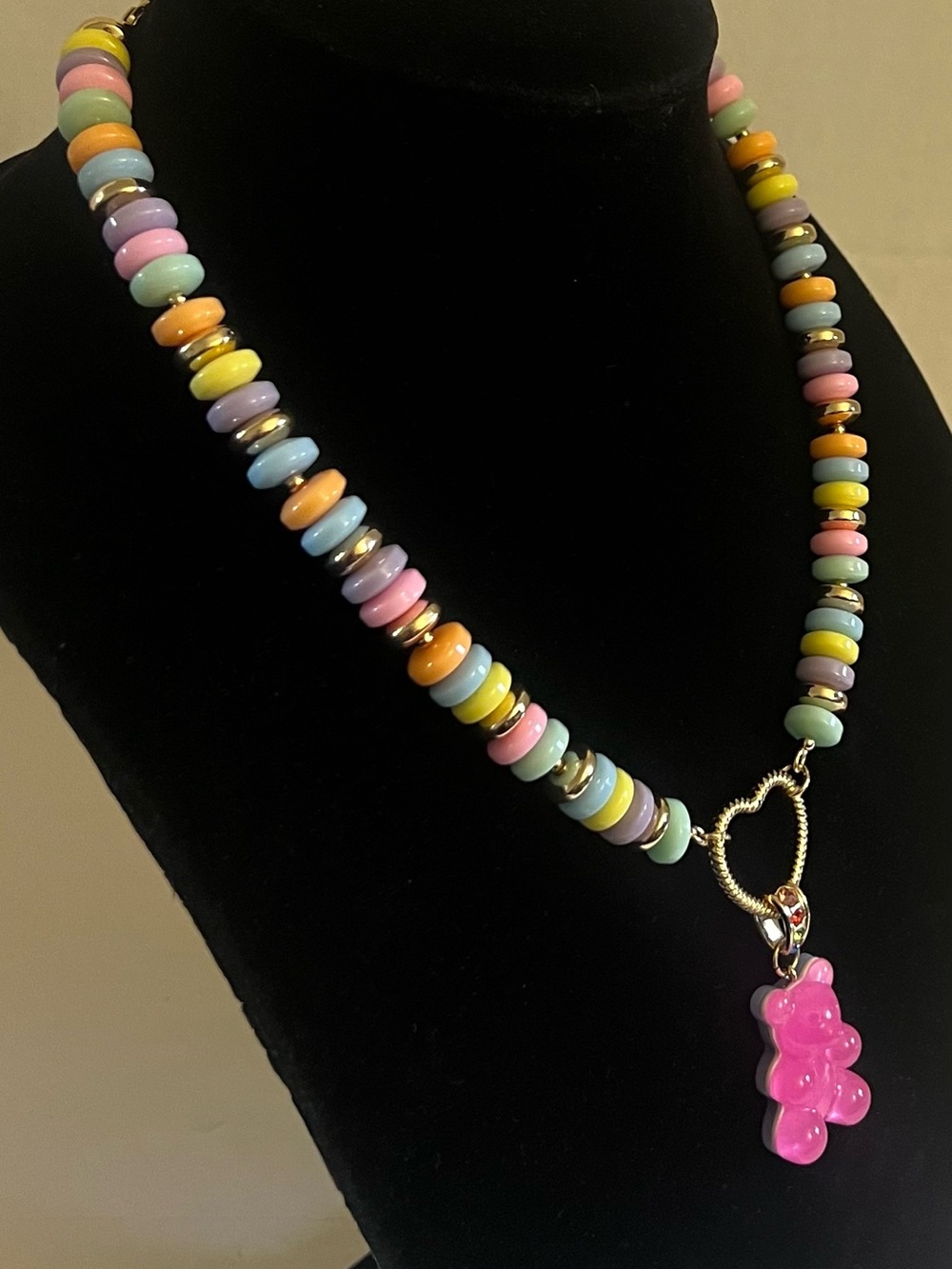 Betsey Johnson Pink Gummy Bear Charm Pastel Beaded Necklace - Picture 9 of 16